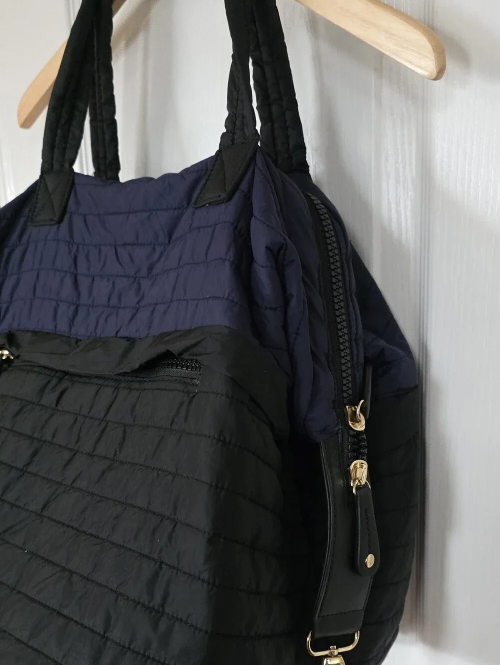 Sondra Roberts Squared Quilted Tote Bag, Navy and Black With Goldtone Hardware.